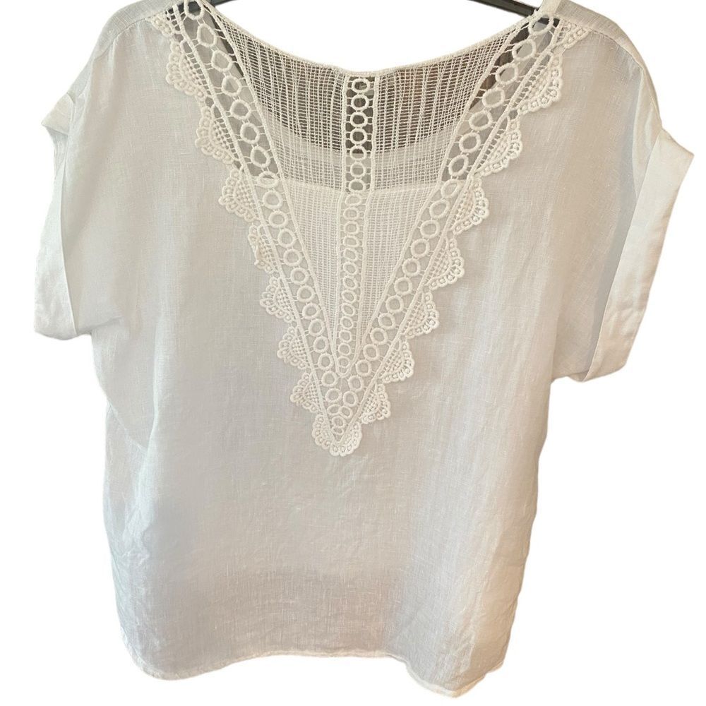 Bellambra Sz S White Italian Linen High Low Lace Back Flowy Relaxed Boho Blouse